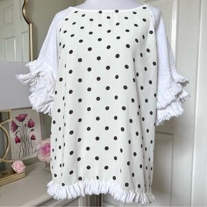 Umgee Ruffle Sleeve Blouse Women’s Small White Gray Polka Dot Linen Cotton Blend